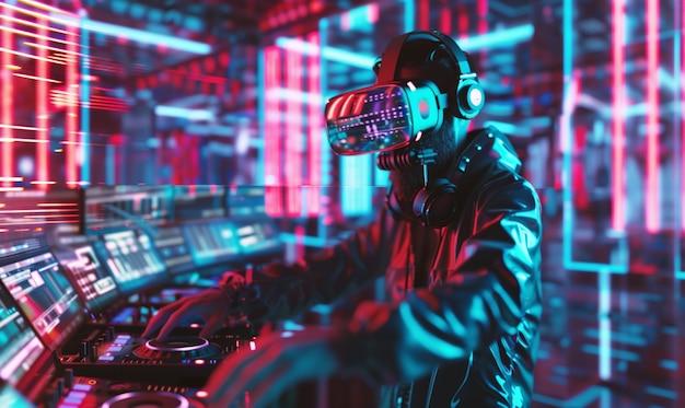 Free photo futuristic set with dj in charge of music using virtual reality glasses