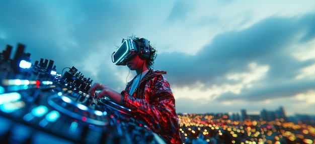 Futuristic set with dj in charge of music using virtual reality glasses