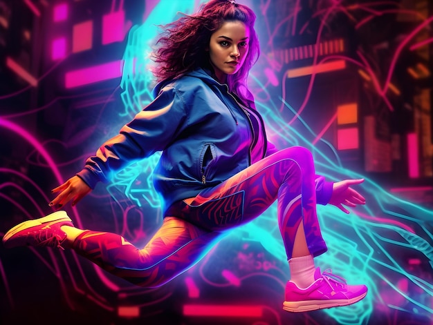 futuristic shot of a woman wearing sports clothes and sneakers