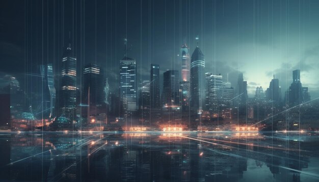 Futuristic skyscrapers illuminate the modern city skyline generated by AI