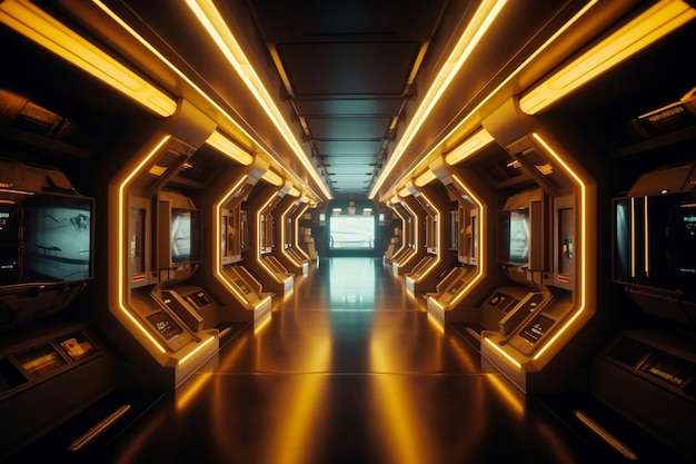 Free Photo futuristic spaceship corridor with glowing yellow neon lights generative ai