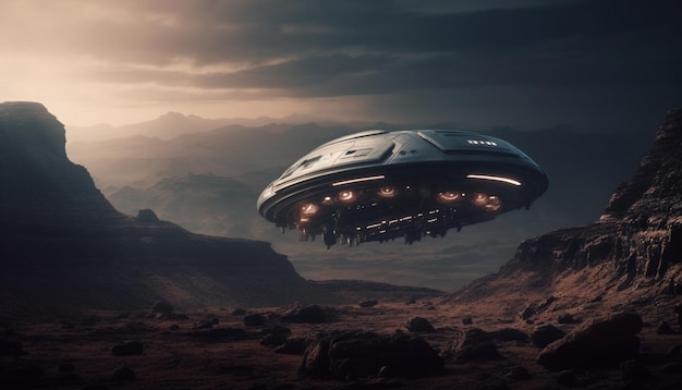 Futuristic spaceship flies over majestic mountain range in alien landscape generated by AI