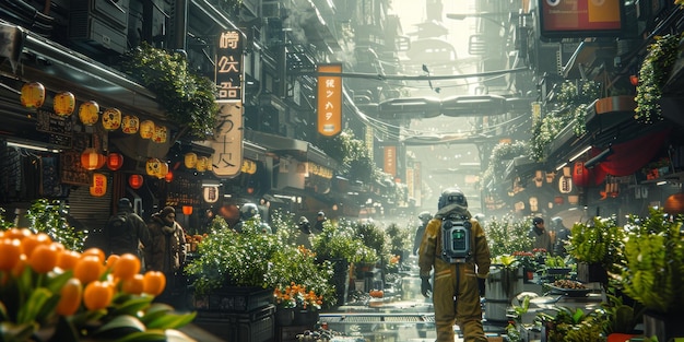 Free photo futuristic street market with neon lights person in hazmat suit looking in awe