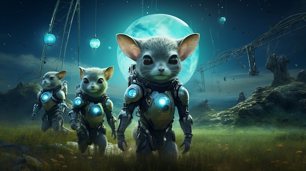 Futuristic style possums wearing clothing