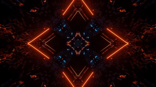 Futuristic symmetry and reflection abstract background with orange and blue neon lights