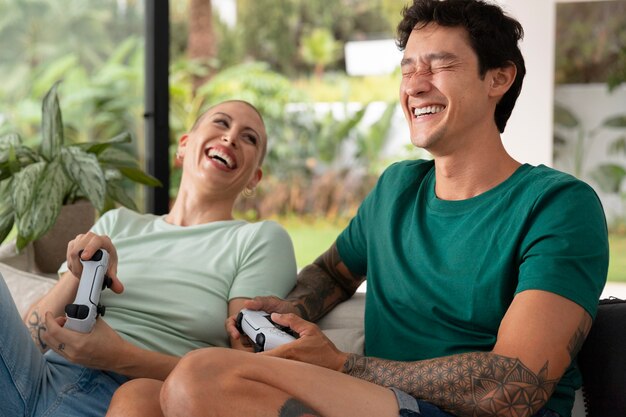 Gamers having fun while playing videogames