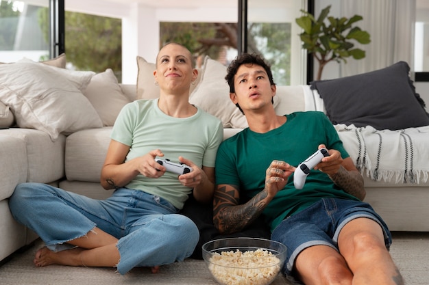 Gamers having fun while playing videogames