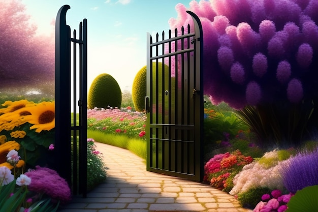 Free Photo a garden gate with a flower garden in the background.