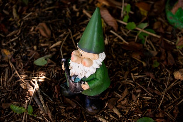 Garden gnome with funny hat outdoors