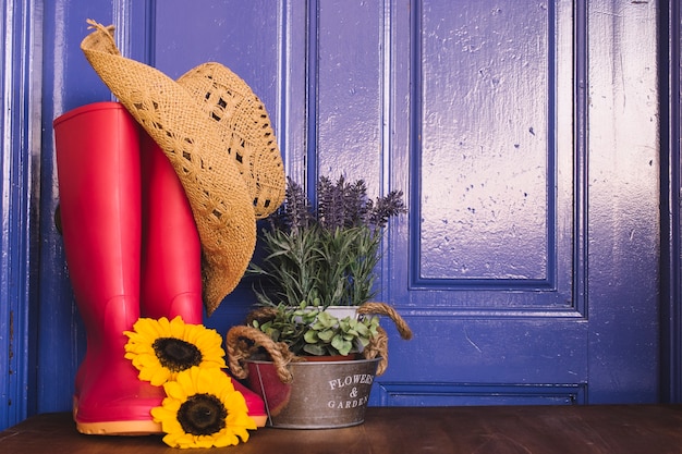 Free Photo gardening composition with red gumboots and plant