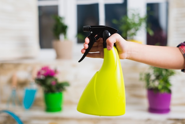 Free photo gardening concept with hand holding spray bottle