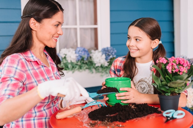 Gardening concept with mother and daughter