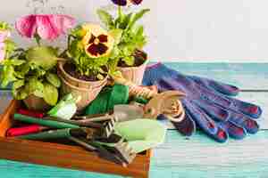 Free photo gardening equipment with peat pots plant and gardening gloves on wooden table