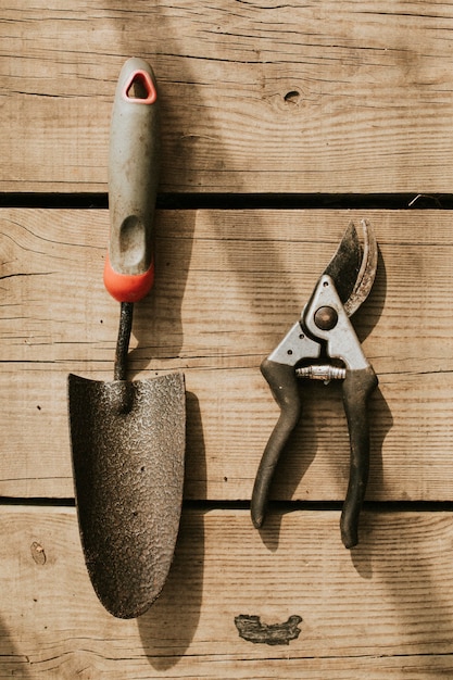 Free photo gardening scissors and trowel on a wooden flatlay