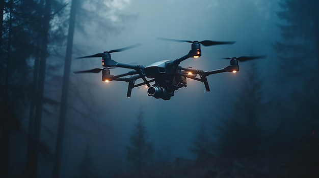 Generative AI a drone performs a reconnaissance flight in the forest