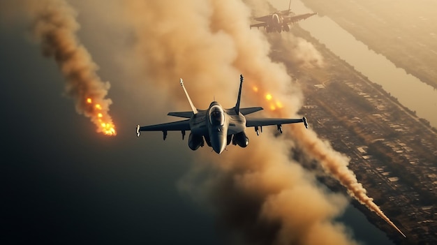 Generative AI military fighter jets patrol the air and launch missiles