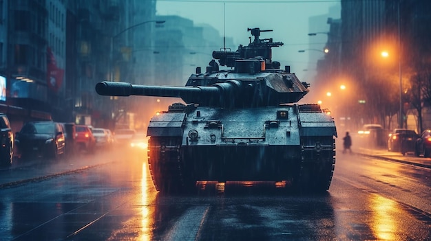 Generative AI a tank goes down a city street