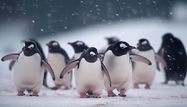 Free photo gentoo penguins waddling in a snowy colony generated by ai