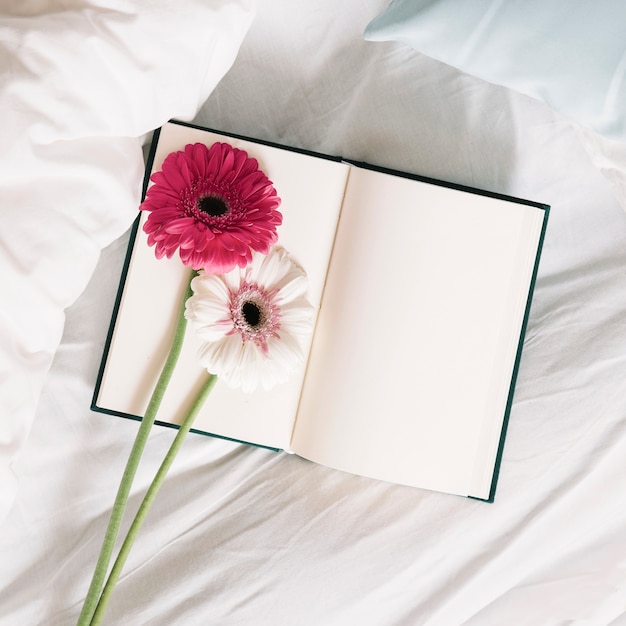 Free Photo gerberas and notebook on bed