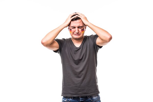 Germany lose. Unhappy and Failure of goal or lose game emotions of Germany football fan in game supporting of Germany national team on white background. Football fans concept.