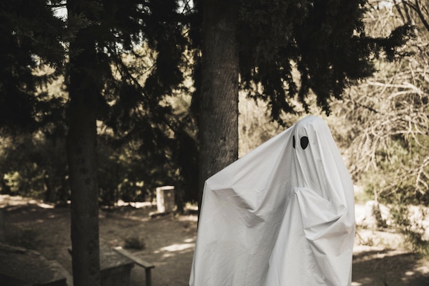 Ghost spreading arms near tree in park