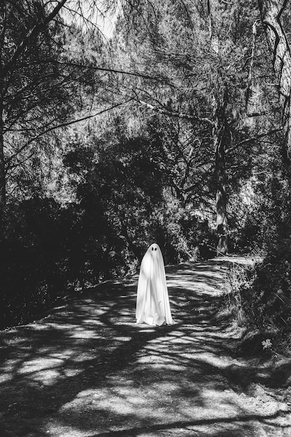 Free photo ghost standing on walkway in gloomy park