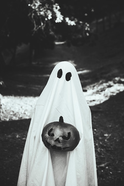 Free photo ghost with devil pumpkin in hands