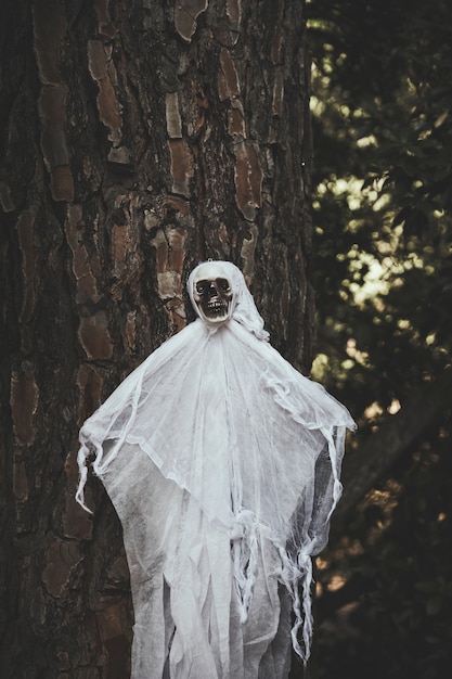 Free photo ghost with skull face hanging on tree