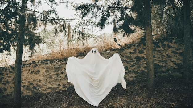 Free photo ghost with unfolding arms standing near wall in park