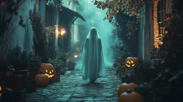 Ghosts and pumpkins for halloween in dark style