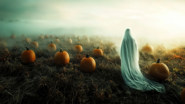 Ghosts and pumpkins for halloween in dark style