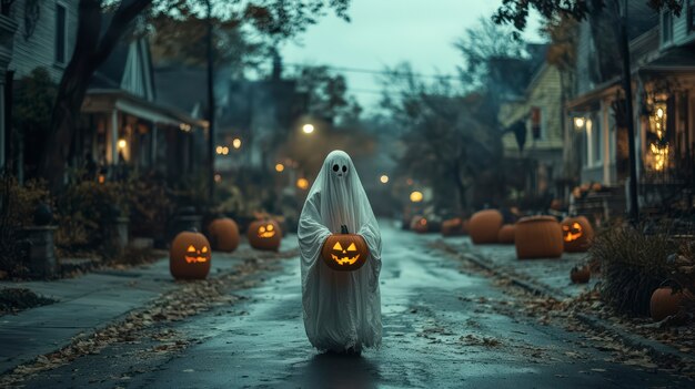 Ghosts and pumpkins for halloween in dark style