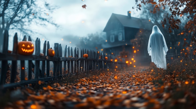 Ghosts and pumpkins for halloween in dark style