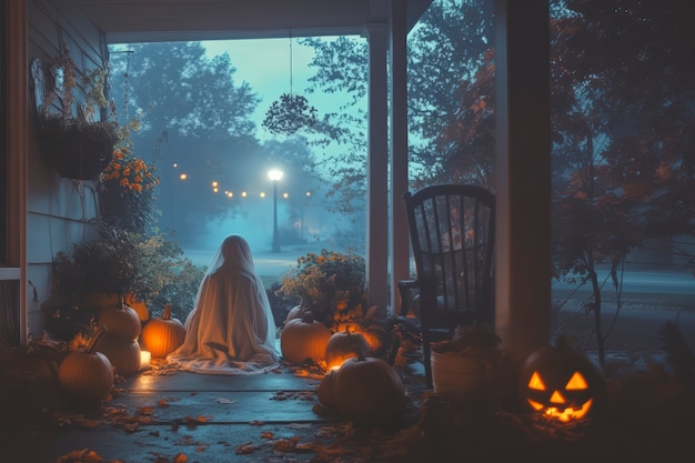 Ghosts and pumpkins for halloween in dark style