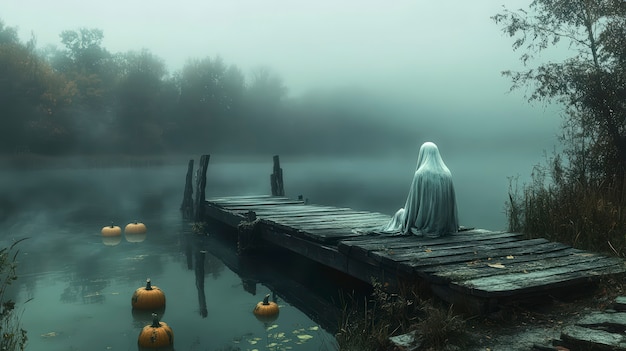 Free photo ghosts and pumpkins for halloween in dark style