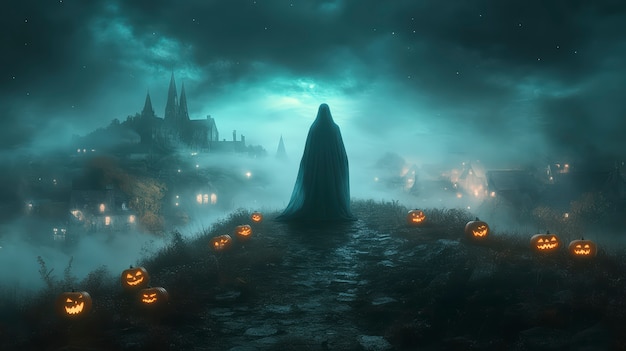 Free photo ghosts and pumpkins for halloween in dark style