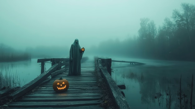 Free photo ghosts and pumpkins for halloween in dark style