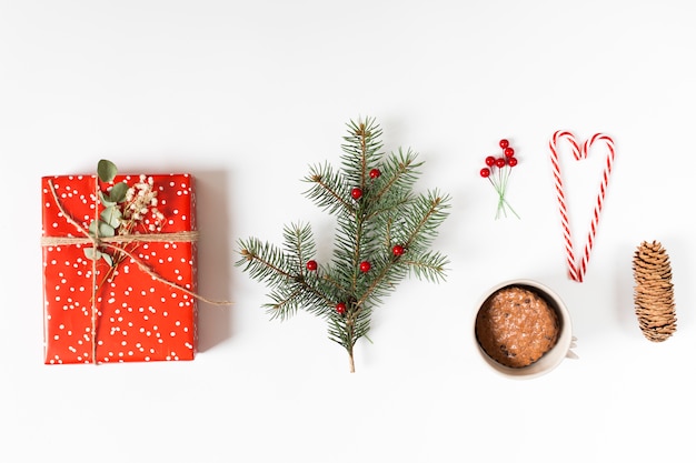 Gift box with fir tree branch and candy canes 