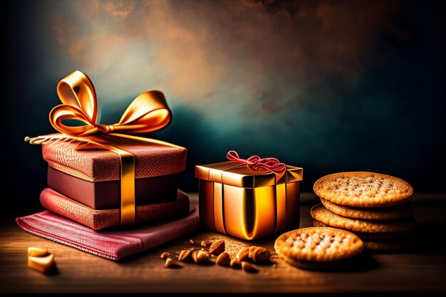 A gift box with a gold ribbon and a gold bow sits next to a stack of cookies