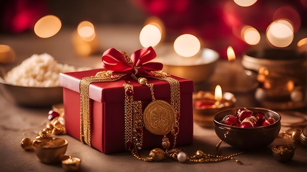 Gift box with a red ribbon on a bokeh background