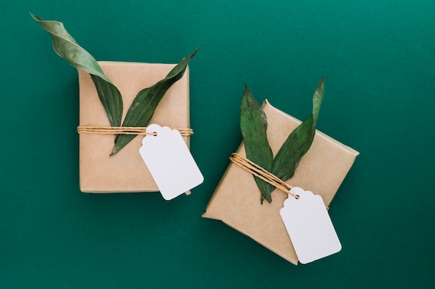 Free photo gift boxes with blank tag and leaves on green backdrop