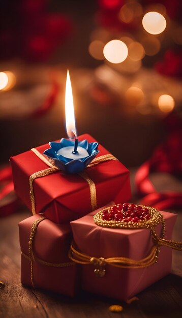 Free photo gift boxes with candle on wooden table with bokeh background