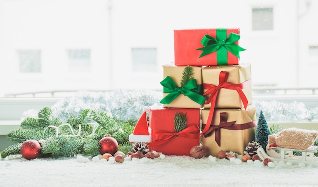 Gift mountain with tree decoration and red balls