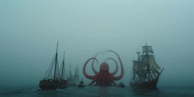 Free photo gigantic kraken resurfacing from ocean