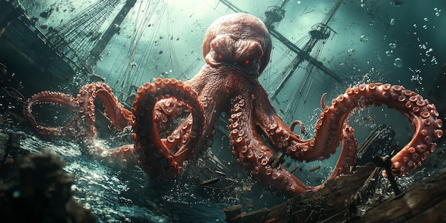 Free Photo gigantic kraken resurfacing from ocean