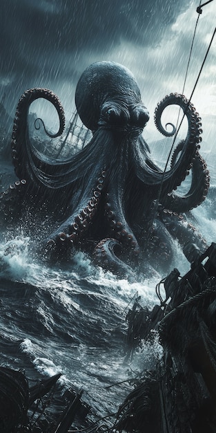 Gigantic kraken resurfacing from ocean