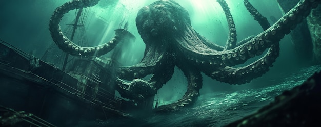 Free photo gigantic kraken resurfacing from ocean