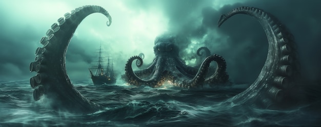 Free photo gigantic kraken resurfacing from ocean