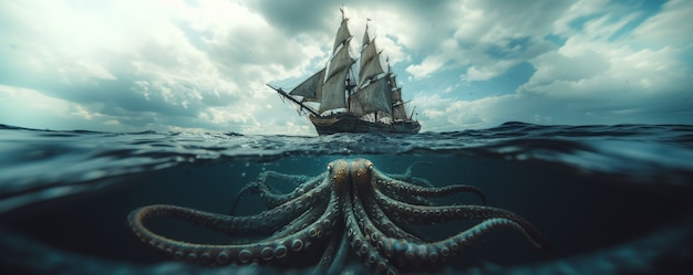 Free photo gigantic kraken resurfacing from ocean