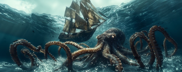 Free photo gigantic kraken resurfacing from ocean